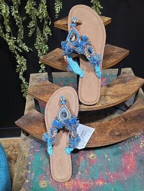 Handcrafted Turquoise Beaded Women’s Toe-Post Sandals